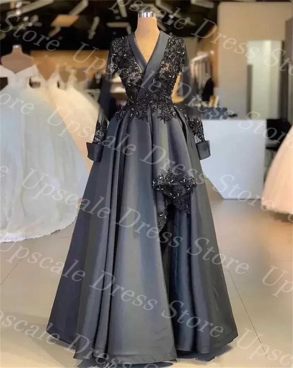 

Vintage Dark Gray Lace Applique A-line Prom Dresses Long Sleeves Satin Formal Evening Gown Arabic Plus Size Vestidos De Fiesta