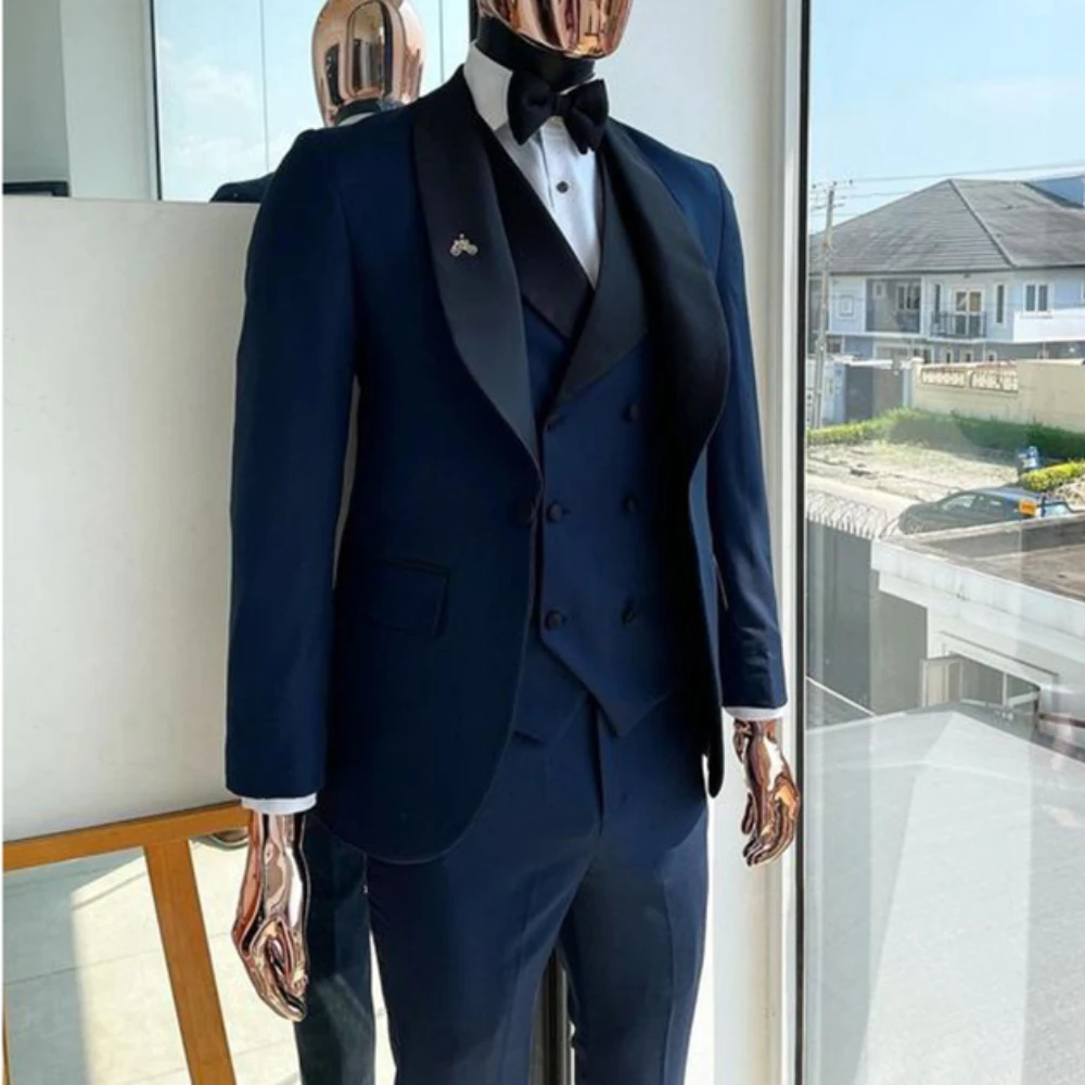 Luxury Men Suits Blue 3 Piece Jacket Pants Vest Black Shawl Lapel Slim Fit Single Breasted Formal Business Terno Balzer 2024
Luxury Men Suits Blue 3 Piece Jacket Pants Vest Black Shawl Lapel Slim Fit Single Breasted Formal Business Terno Balzer 2024