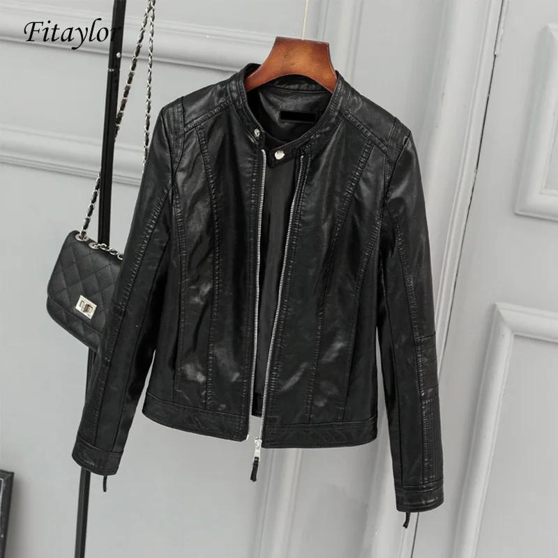 

Fitaylor New Women Faux Leather Jacket Biker Coat Spring Autumn Black Zippers Outwear O Neck Slim Motorcycle Pu Leather Jackets