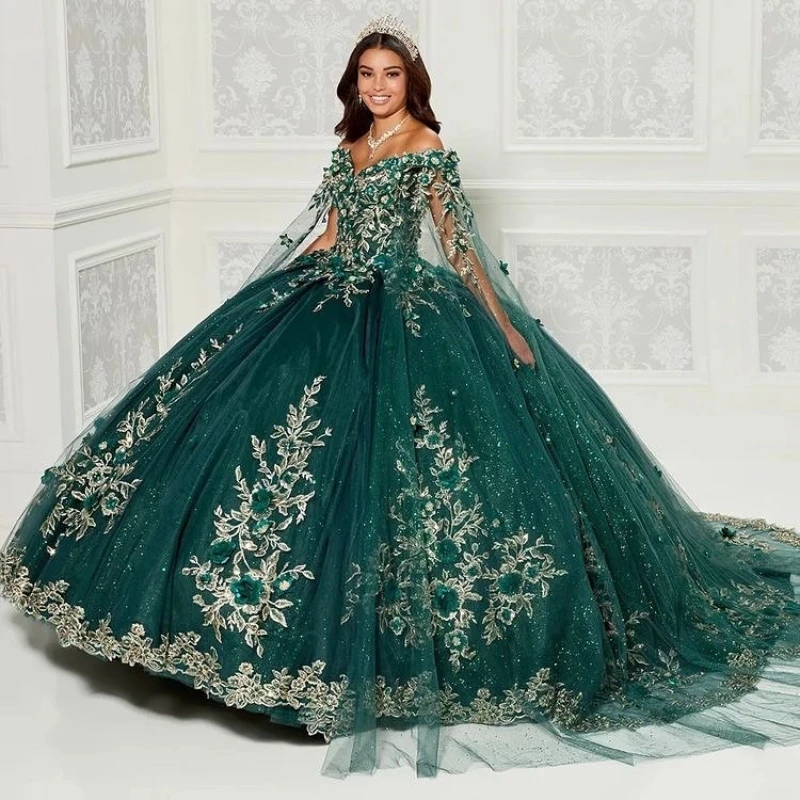 

Sparkly Emerald Green Ball Gown Quinceanera Dresses With Cape Flowers Appliques Crystals Sweet 16 Dress Vestidos De 15 Años