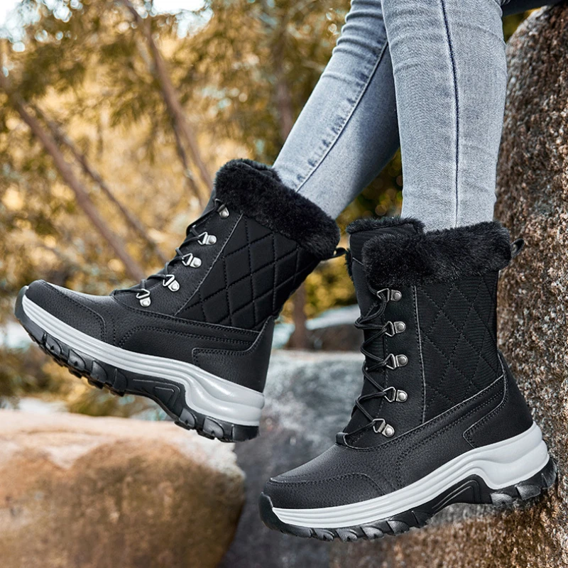 

Outdoor Women Leather Snow Boots New Winter Plush Warm Cotton Shoes Waterproof Anti-skid Female Mid-calf Platform Fur Snow Boots