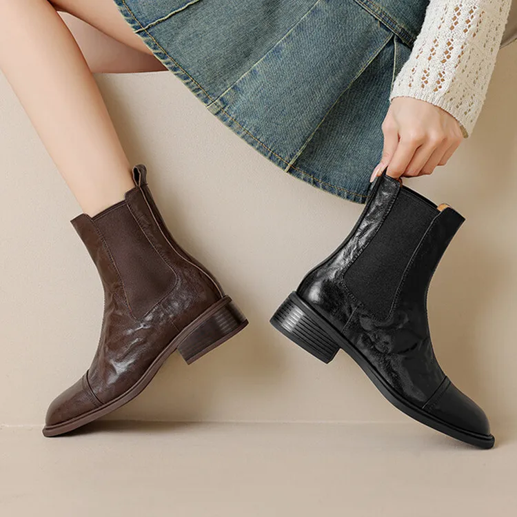 

Simple Style Women Short Boots Real Leather Chic Ankle Botas Stretch Band Slip on Autumn Chelsea Botines Soft Chaussure Femmes