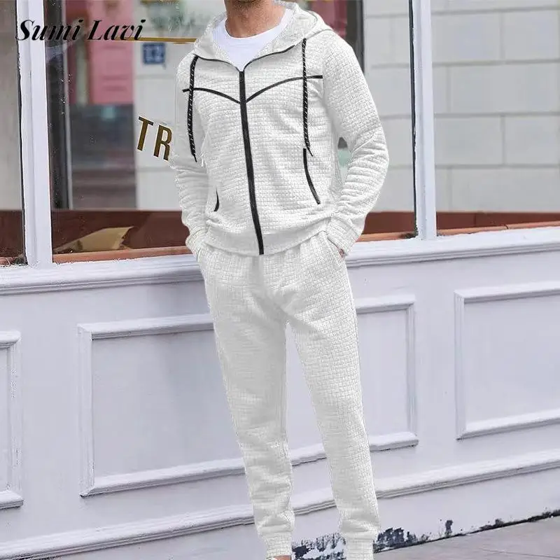 

2023 Spring Fall Casual Tracksuits Men Waffle Two Piece Set Fashion Patchwork Striped Zipper Jacket And Pants Suits Mens Outfits