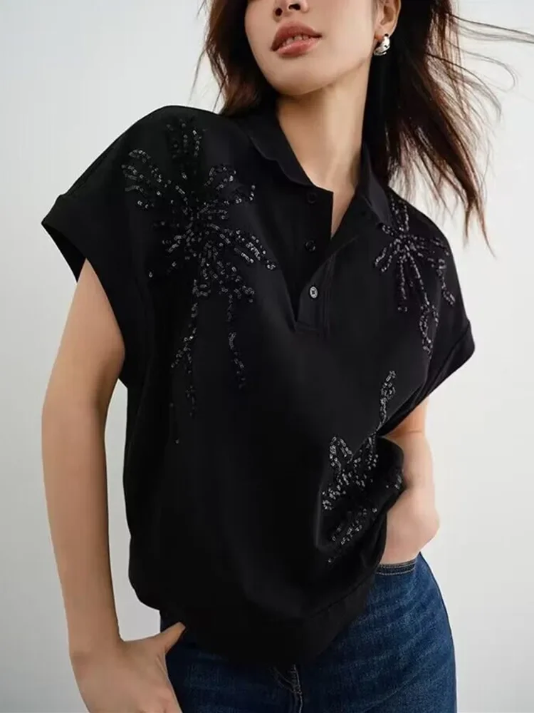 Хлопковая футболка с цветочной вышивкой пайетками, белая или черная, отложной воротник, женская футболка, Женский Топ с короткими рукавами, лето, 2023 г.
Хлопковая футболка с цветочной вышивкой пайетками, белая или черная, отложной воротник, женская футболка, Женский Топ с короткими рукавами, лето, 2023 г.