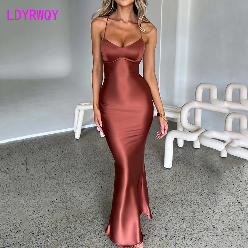 

Women's sexy camisole satin dress in autumn, new fashion backless strapless waist long skirt