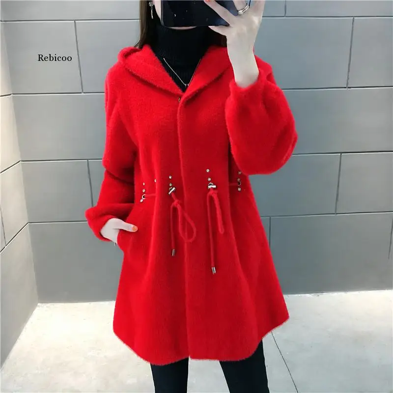 

Осенне-зимнее плотное теплое кашемировое пальто из искусственной норки с капюшоном шерстяное женское свободное средней длины Верхняя одежда корейская шерстяная куртка 6 цветов для женщин