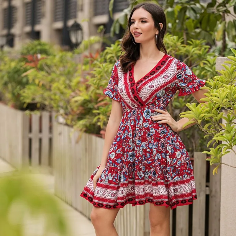Summer Women Short Sleeves V-Neck Dress Fashion Sexy Casual Fit Top Vintage Print Short Skirt Street Party Vestido Feminisno
Summer Women Short Sleeves V-Neck Dress Fashion Sexy Casual Fit Top Vintage Print Short Skirt Street Party Vestido Feminisno