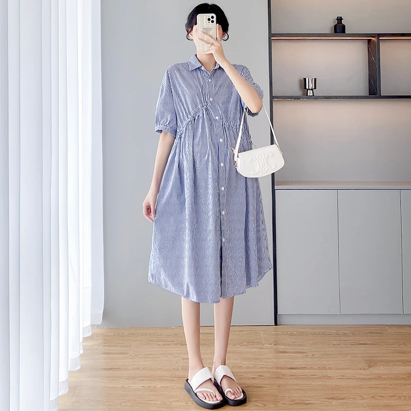 Korean Style Fashion Shirts for Maternity Short Sleeve Turn-down Collar Drawstring Waist Pregnant Woman Striped Shirts Dresses
Korean Style Fashion Shirts for Maternity Short Sleeve Turn-down Collar Drawstring Waist Pregnant Woman Striped Shirts Dresses