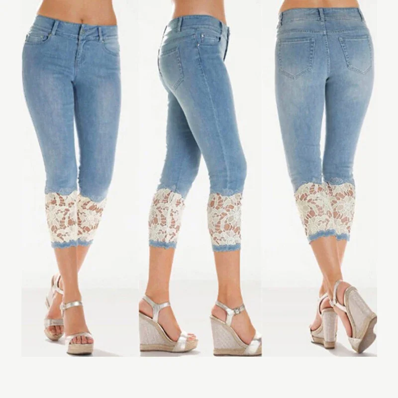 

Summer new style spliced lace bootcut pants for women, fashionable high-waisted mesh jeans, light blue