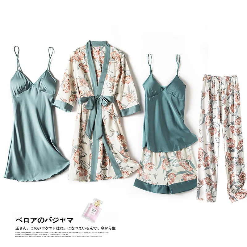 Sexy Women's Imitation Silk Pajamas With Chest Pads Korean Version Printed Cardigan Silk Thin Model Five-piece Home Clothes
Sexy Women's Imitation Silk Pajamas With Chest Pads Korean Version Printed Cardigan Silk Thin Model Five-piece Home Clothes