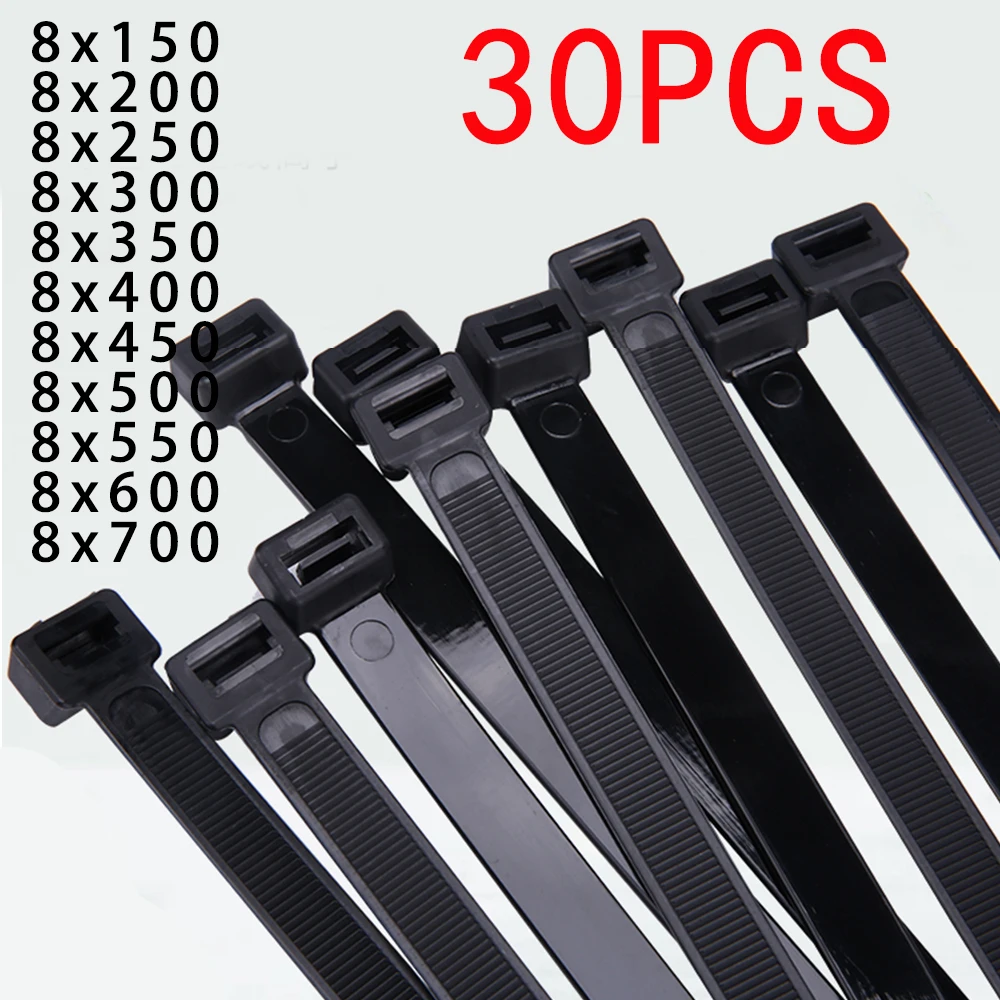 

30PCS Nylon Strap Self-locking Plastic Binding Fastening Cable Winding Zipper Type Harness Strap Black And White 8mmx300 600 700