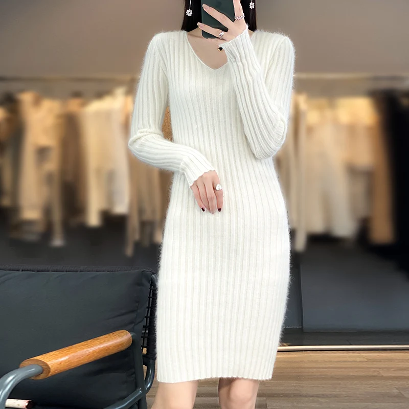 

Mink Cashmere Sweater for Women V-Neck Solid Color Mid-Length Knit Skirt Autumn/Winter New High Elasticity Slim Pullover Dress
