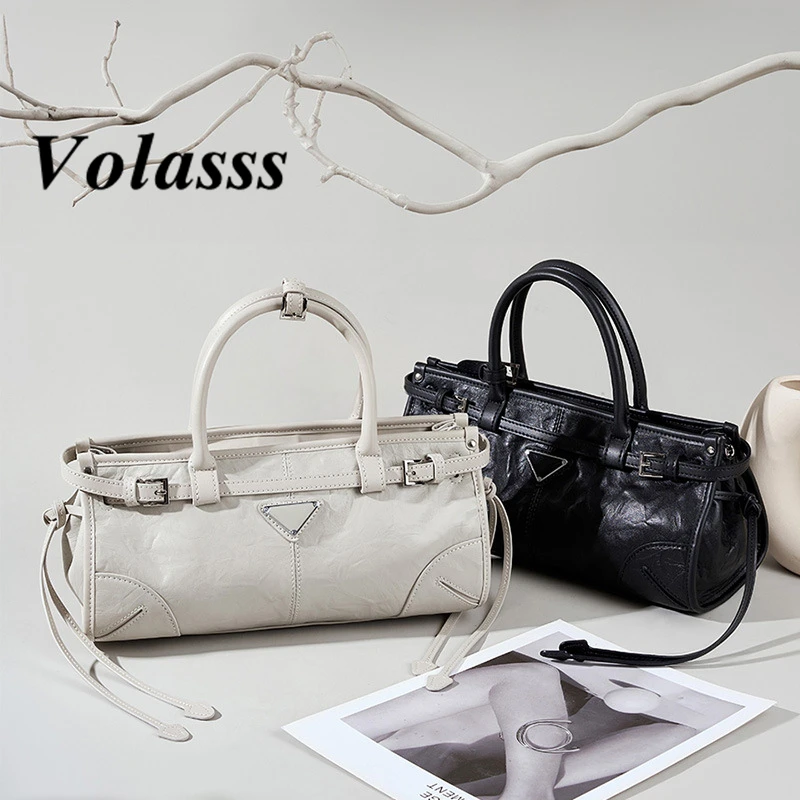 

VOLASSS New Fashion Cowhide Fold Shoulder Bag Women's Commuting Underarm Boston Handbag Oil Wax Genuine Leather Crossbody Bags