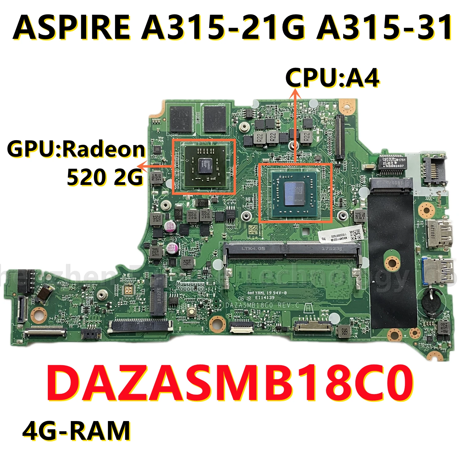 

DAZASMB18C0 For Acer ASPIRE A315-21G A315-31 Laptop Motherboard NBGNV1100G NB.GNV11.00G With A4 CPU 216-0890010 4GB-RAM Test OK