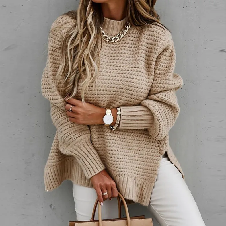 

Women's Sweater 2023 Autumn Fashion Long Sleeve Mock Neck Split Hem Casual Plain Rib-Knit Daily Loose Pullover Sweater