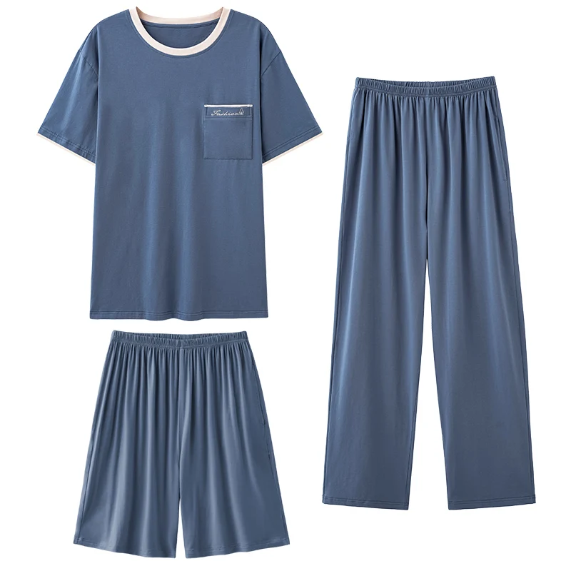 

3 Piece Set O-Neck Tops+Shorts+Long Pants Summer Casual Fashion Modal Short Sleeve Pajamas Set for Men Sleepwear Homewear