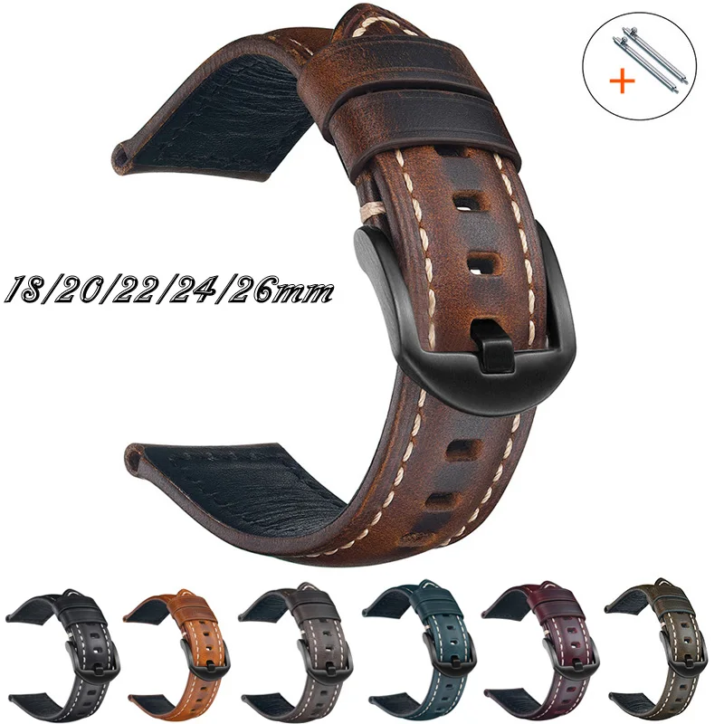 

Vintage Genuine Leather Watchband 18mm 20mm 22mm 24mm 26mm Women Men Oil Wax Cowhide Smart Watch Strap Band Belt with Pins