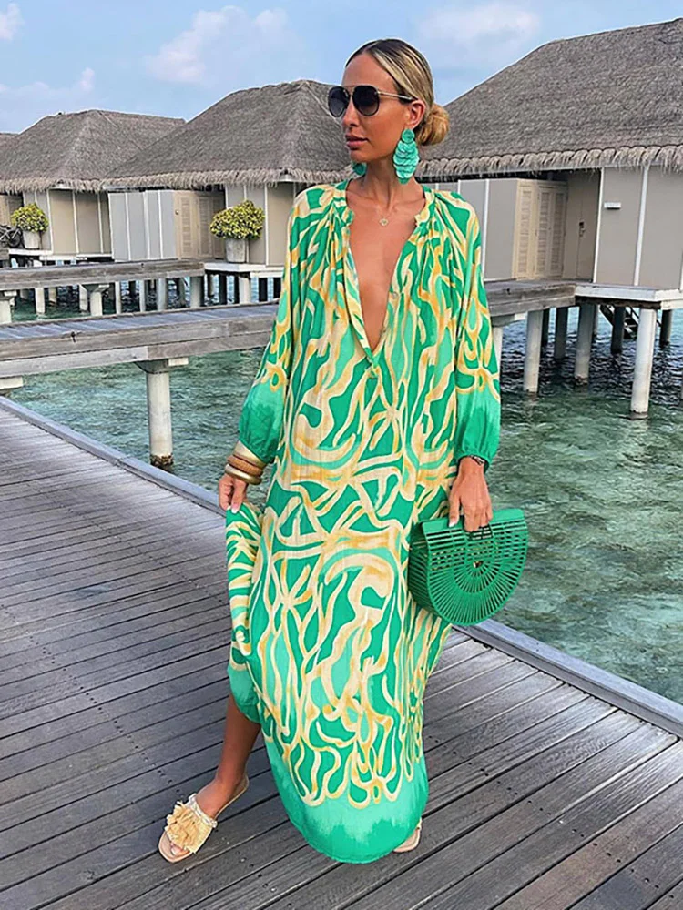 Women Vintage Maxi Dresses 2023 Summer Sexy Deep V-Neck Long Sleeve Boho Print Long Dresses Female Beach Cover Up Elegant Robe 
Women Vintage Maxi Dresses 2023 Summer Sexy Deep V-Neck Long Sleeve Boho Print Long Dresses Female Beach Cover Up Elegant Robe