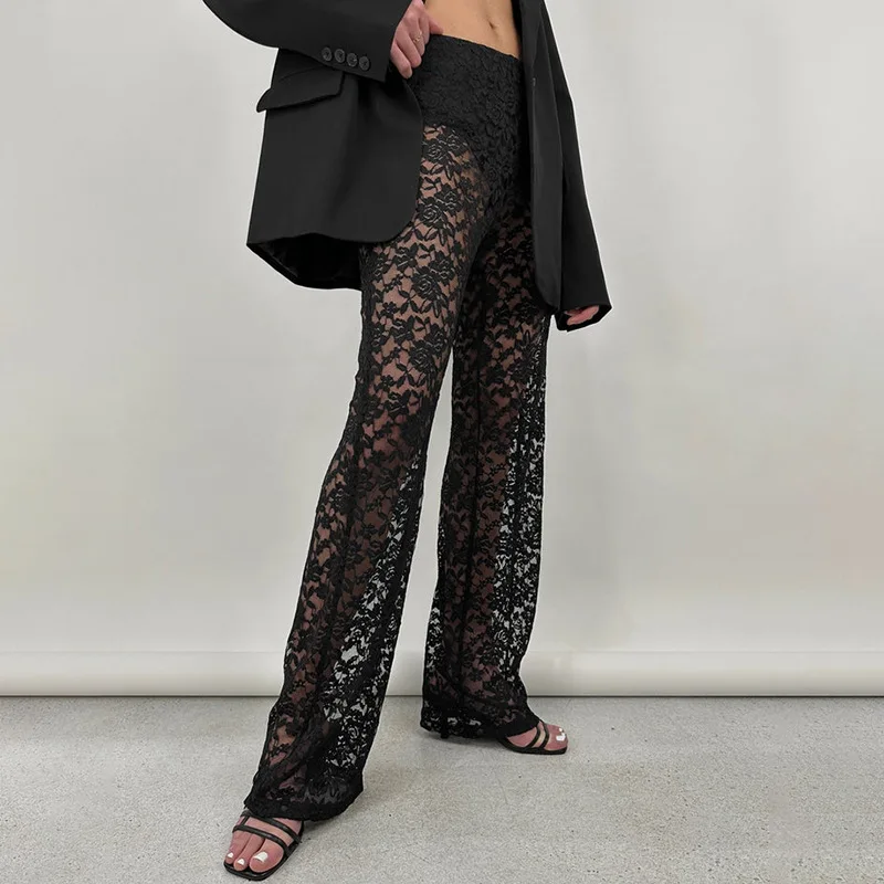 

Sexy Lace See-through Straight Long Pants Fashion Casual Y2K High Waist Splicing Trousers Elegant and Luxurious Women's Clothing