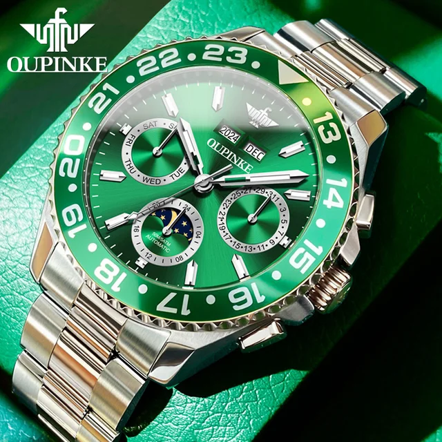 PINKE-Montre mécanique étanche entièrement automatique pour homme, montres de tempérament vissées, surface miroir saphir Shoous, phase de lune et date 1