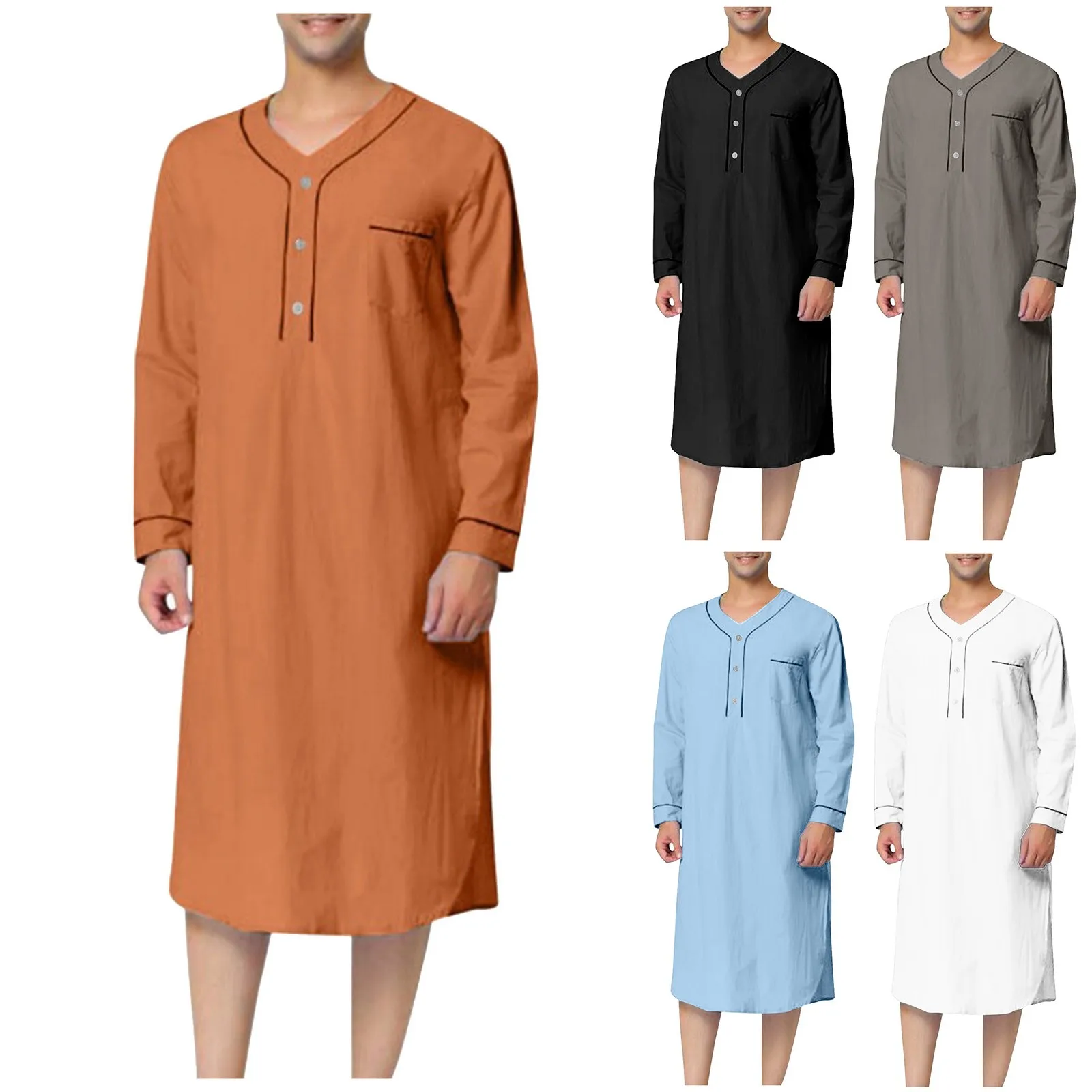 

Summer Men Thin Muslim Buttons Robes Shirts Solid Color Loose Long Sleeves Robe Islamic Saudi Arabia Home Kaftan Muslim Abaya