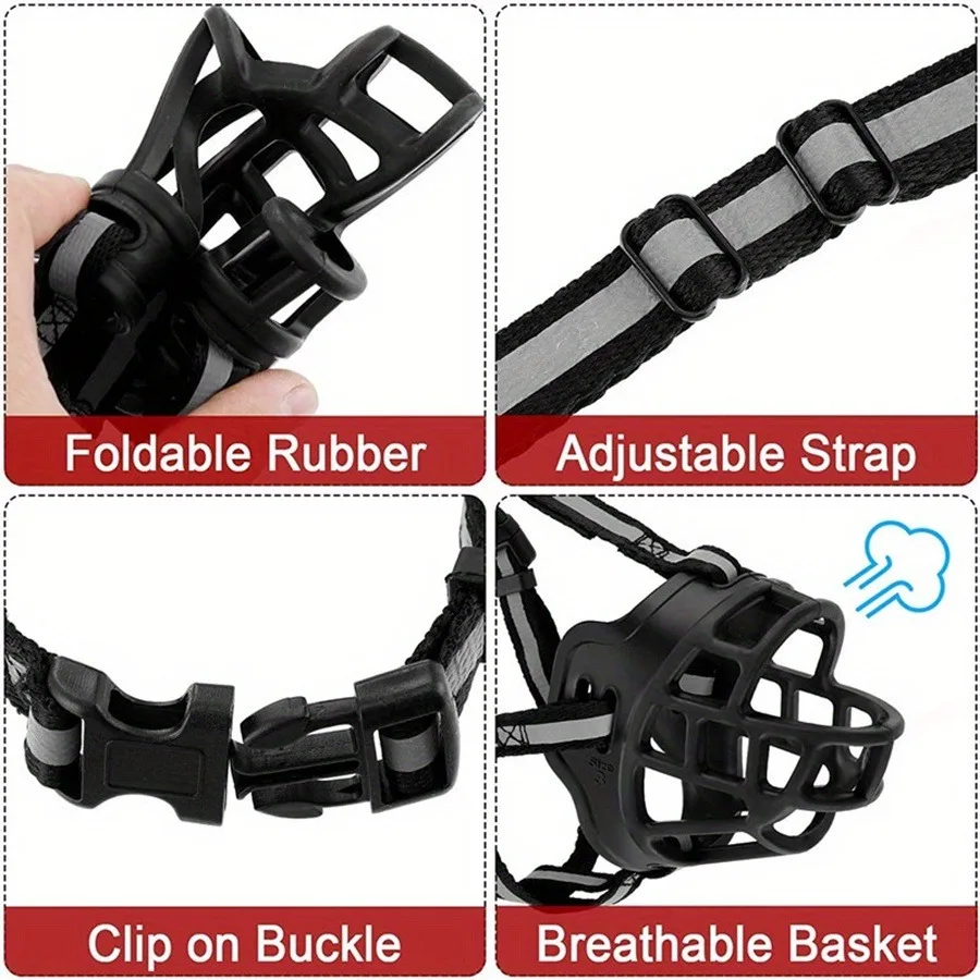 Adjustable Dog Muzzle | Breathable Comfortable for Small to Large Dogs A four-panel grid showing close-ups of the muzzle