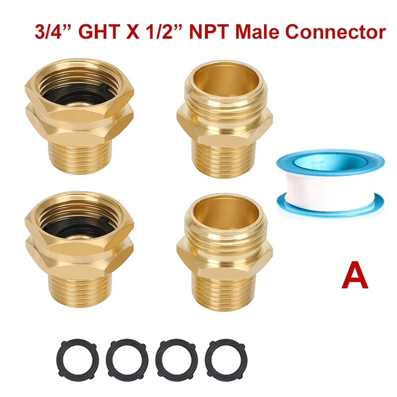 

3/4" GHT x 3/4" NPT Male Connector 3/4" GHT x 1/2" NPT Male Hose Adapter Brass Garden Hose Fittings with Washers for Water Pipe