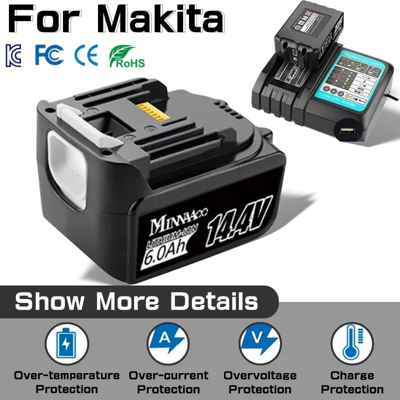 

Original 6000mAh 14.4V Rechargeable Li-ion battery for Makita BL1430 LXT200 BL1415 194558-0 194559-8 194066-1 with Charger