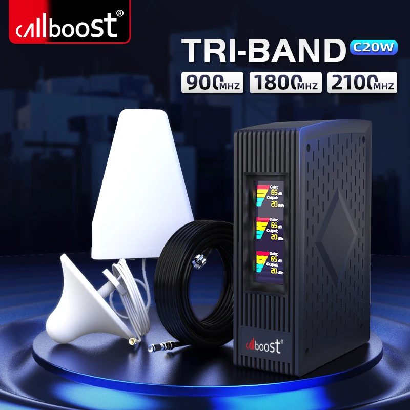 

Callboost GSM 2G 3G 4G Triband Booster 900 1800 2100 Cellular Amplifier 4G LTE Network Internet Mobile Phone Repeater Antenna