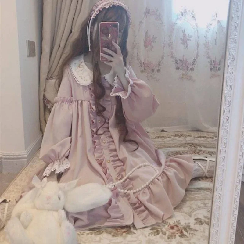 

Alice In Wondeland Cute Women's Lolita OP Dress Flouncing Lace Trim Japanese Harajuku Long Sleeves Doll Dress Fairy Vestidos