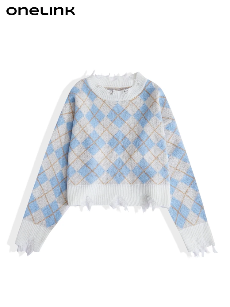 Женский замшевый свитер в клетку, с круглым вырезом 
Женский замшевый свитер в клетку, с круглым вырезом