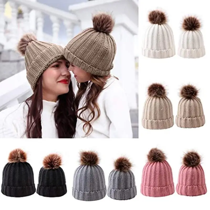 

New Famliy Matching Hats Mother Kid Baby Child Warm Winter Knit Beanie Fur Pom Hat Crochet Ski Cap Soft Solid Hat Cute Gifts