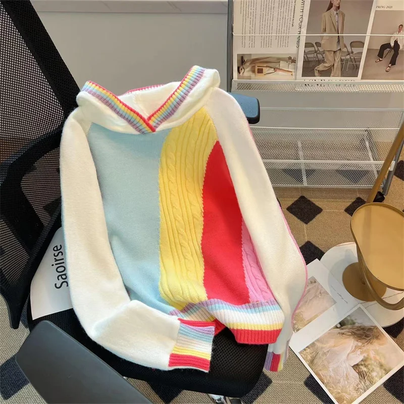 Rainbow Hooded Sweater Korean Fashion Casual Y2K Knitting Long Sleeve Sweet Pullovers 2023 Autumn Winter New Women Knitwear T374
Rainbow Hooded Sweater Korean Fashion Casual Y2K Knitting Long Sleeve Sweet Pullovers 2023 Autumn Winter New Women Knitwear T374