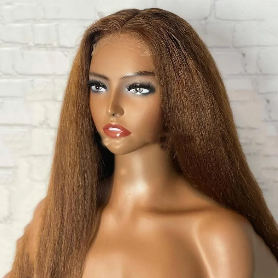 

Soft 30" Long Brown Blonde Yaki Kinky Straight 180 Density For Black Women With Preplucked BabyHair Synthetic Glueless Daily