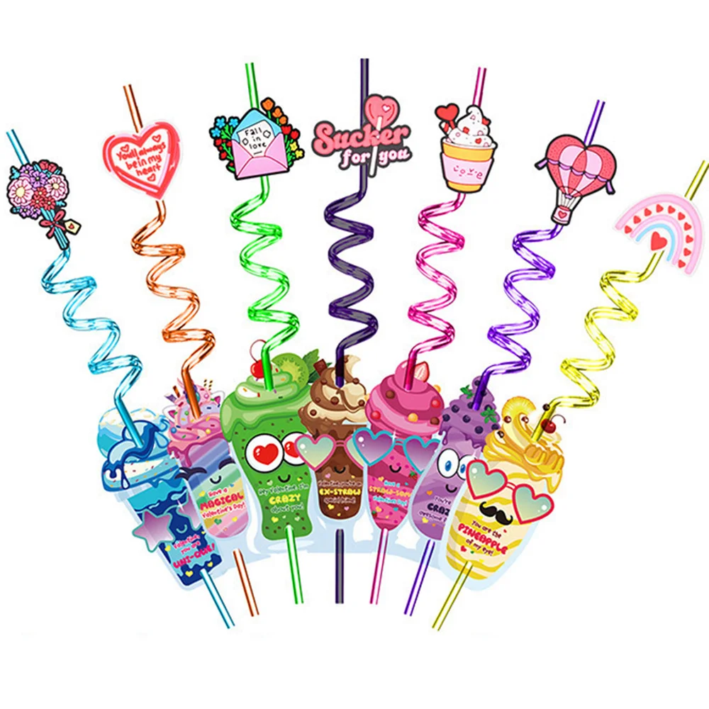 

24 Pcs Valentines Day Gifts Cards Crazy Straws Kids Classroom School Exchange Cards Class Prizes Reusable Drinking Crazy Straws