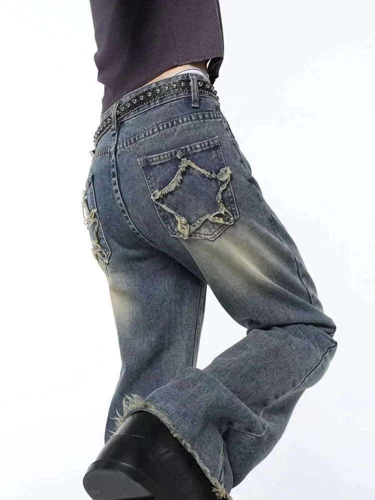 

American High Street Star Raw Edge Micro Flare Jeans for Women's Design Sensible Spicy Girl Y2K High Waist Straight Leg Pants