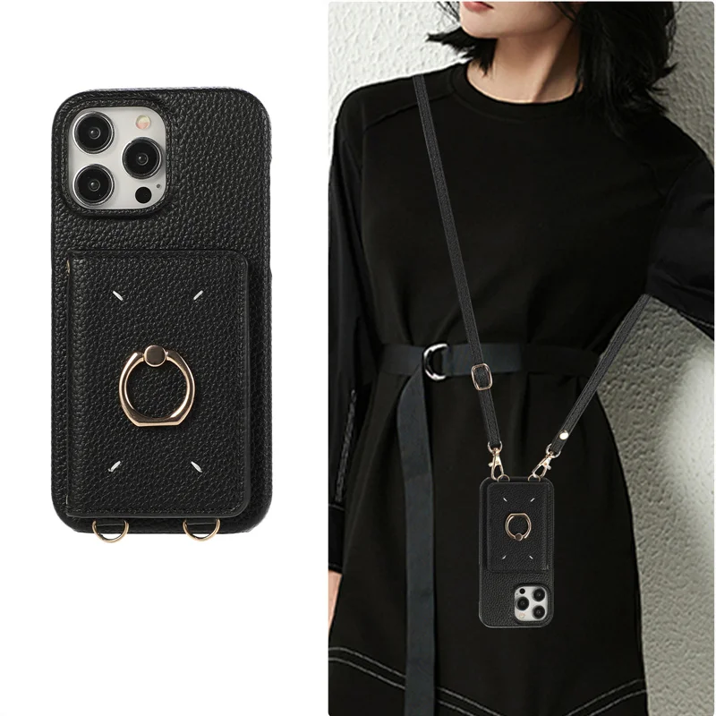 

Luxury Crossbody lanyard Ring holder leather case for iPhone 13 14 11 12pro Mini 15pro 15 14pro max Card pocket wallet cover
