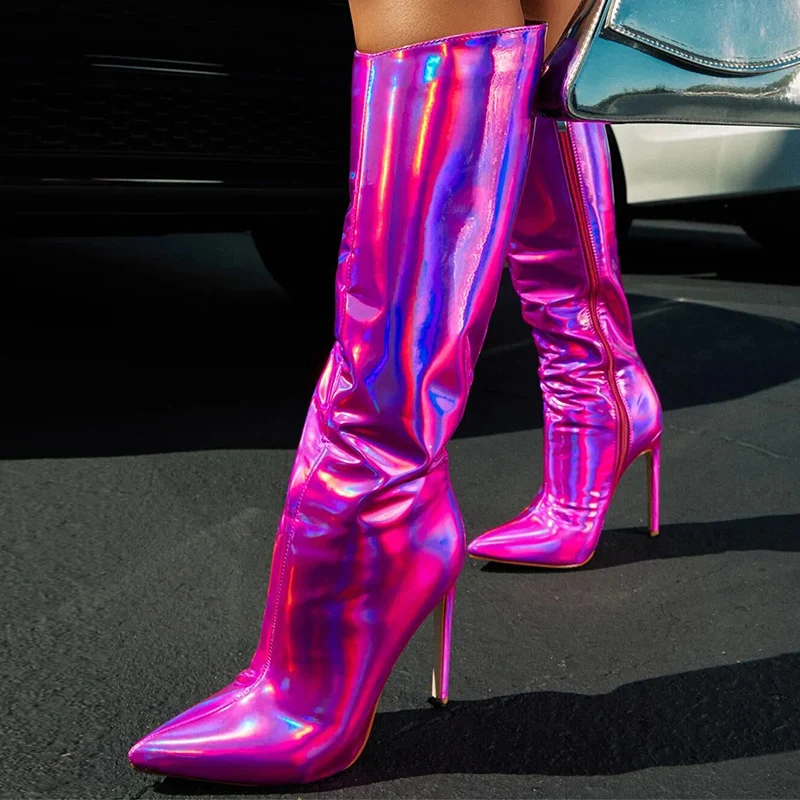 

Liyke Sexy Runway Mirror Patent Leather Women Knee High Boots Autumn Winter Shoes Pointed Toe Zip Stiletto Heel Long Botas Mujer