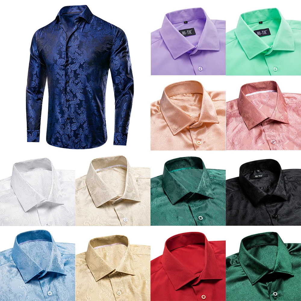 

Dubulle Dark Blue Mens Shirts Silk Paisley Long Sleeve Spring Autumn Turndown Collar Slim Fit Shirt Designer Business Party Gift