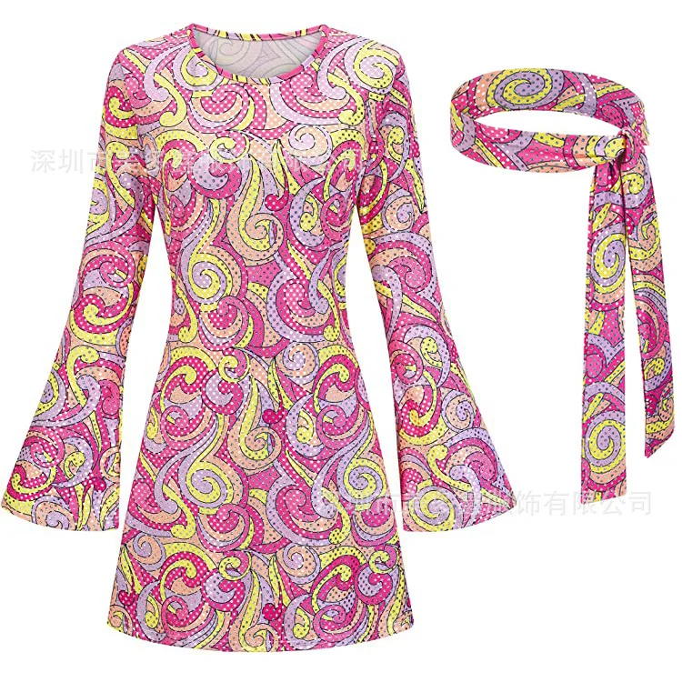 

Summer Hippie Costume Set Women Carnival Clothing Accessories 60s 70s 80s Disco Fancy Dress Halloween Cosplay Outfits Two Piece