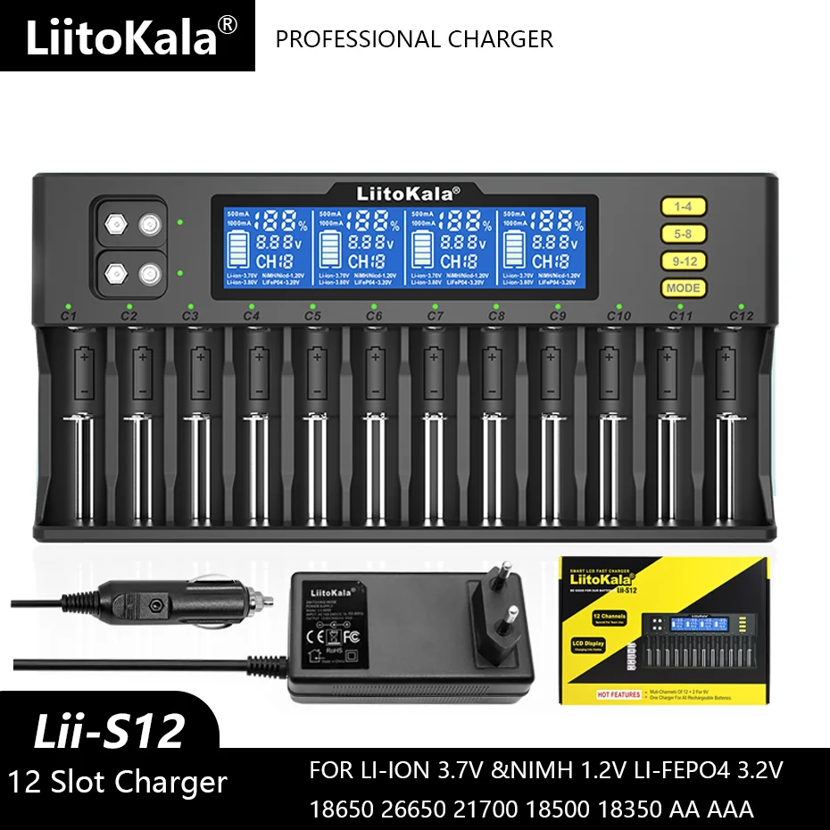 

LiitoKala Lii-S12 12-Slot 18650 LCD Battery Charger For 20700 26650 21700 14500 10440 16340 1.2V 3.7V 4.2V Lion Battery