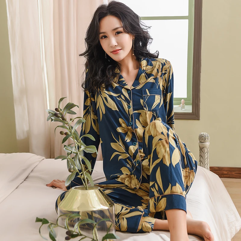 

Elegant Floral Womens Modal Pajamas Set Big SIze Femme Pyjamas Set Sleepwear Loungewear All Seasons Long Sleeve Sleep Clothes