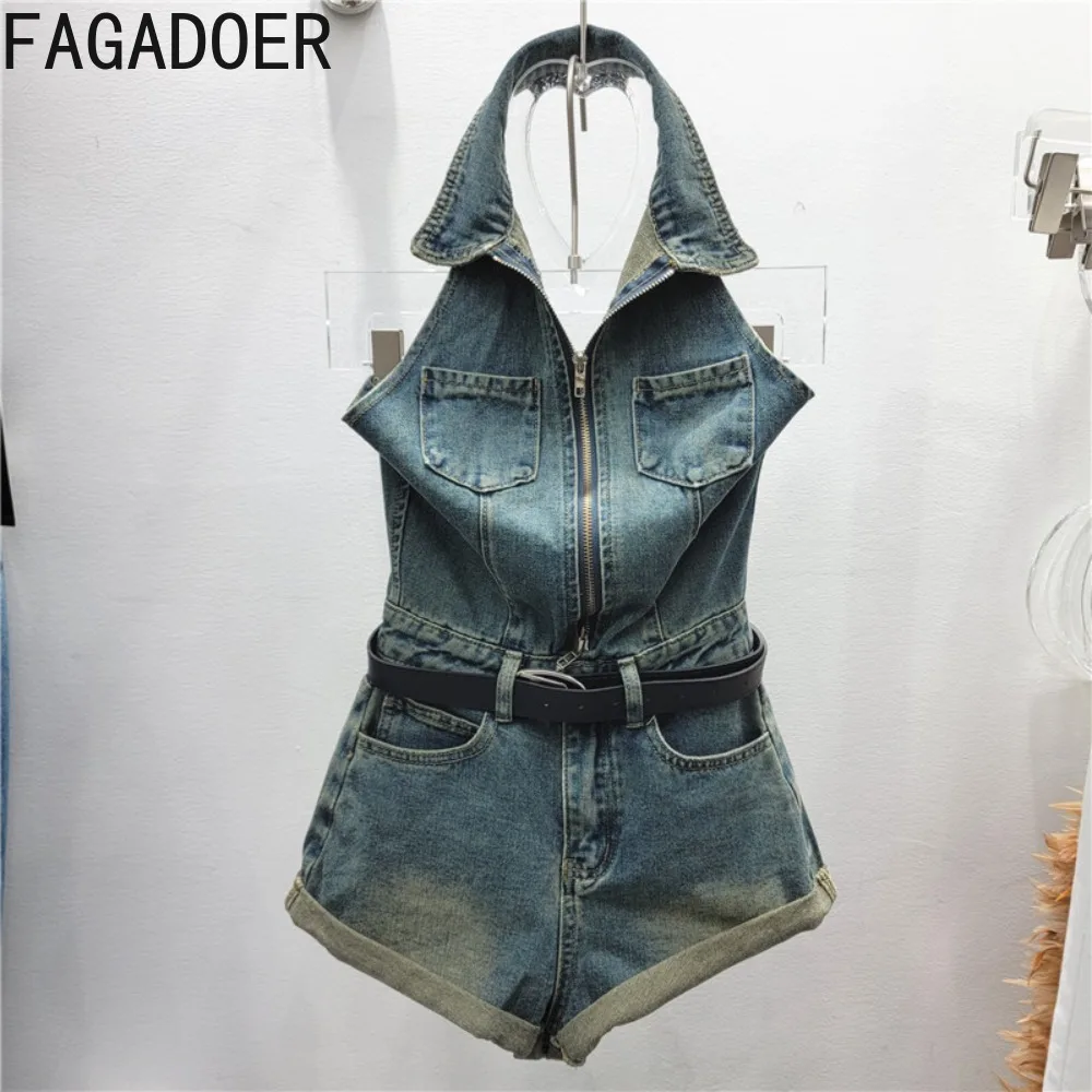 

Комплект из двух предметов FAGADOER Y2K Женский, Модный джинсовый топ на молнии с лямкой на шее и шорты, модная летняя ковбойская одежда с поясом