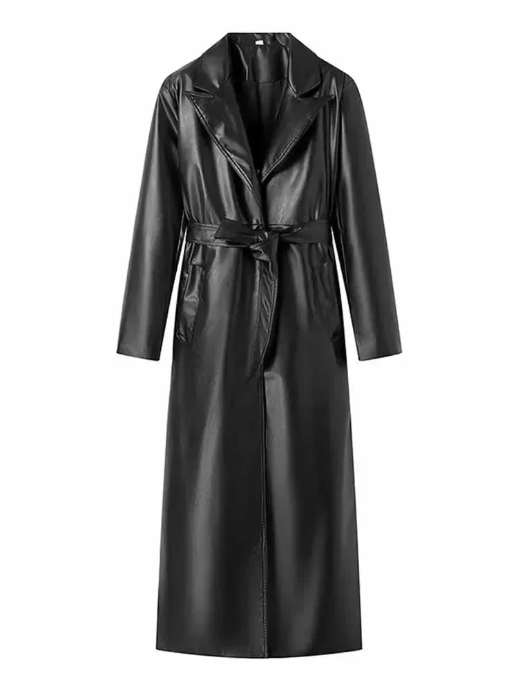 

Тренчкот женский длинный из искусственной кожи с поясом, модная винтажная верхняя одежда с длинным рукавом и карманами, шикарный топ, черный