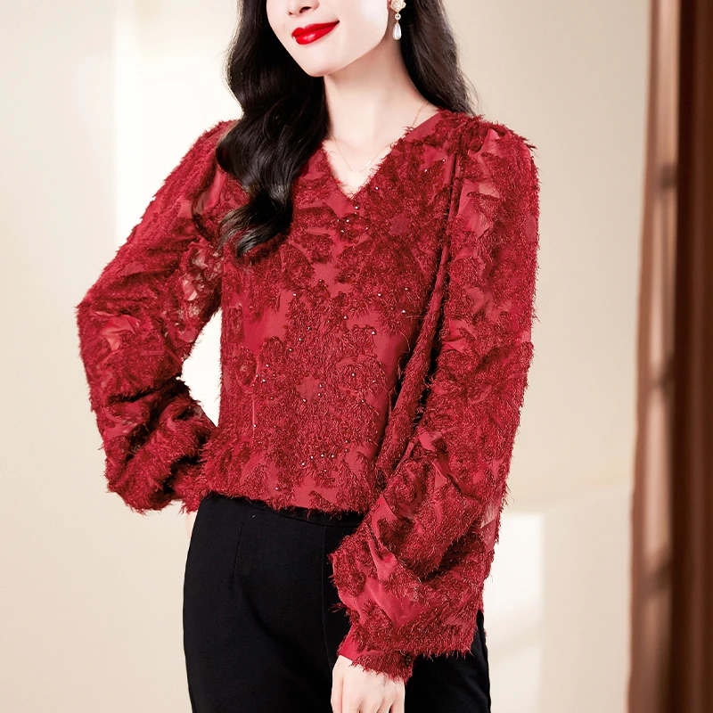 

2024 Fall Spring Women V Neck Lantern Sleeve Wine Red Bling Bling Feathers Top Shirt , Woman 3xl 4xl Loose Glitters Tops Shirts