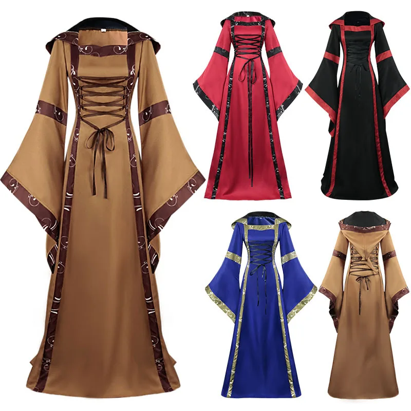 

Medieval Dress Renaissance Gothic Ladies Cosplay Hooded Dress Retro Steampunk Fancy Costume Halloween S-XXL