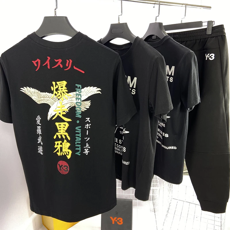 

Y3 Yohji Yamamoto Men's Cotton T-shirts Japanese Summer Y-3 Black Knight Graffiti Rampage Black Crow Print Casual Loose Tops