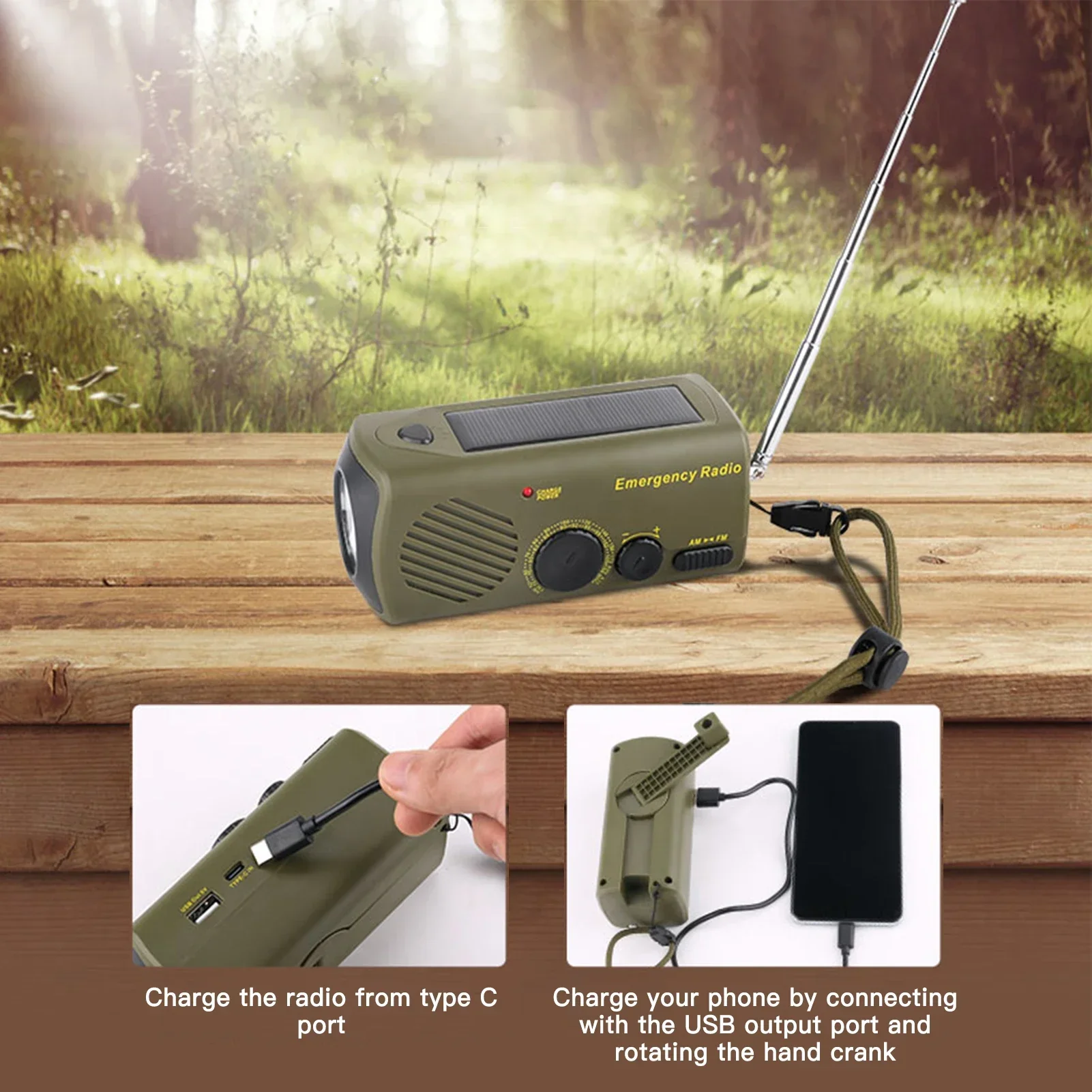 

Outdoor Emergency Radio Solar Charging Hand Crank Portable USB Rechargeable Flashlight SOS Alarm Power Bank For Survival Tools