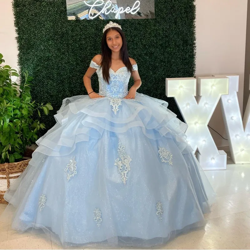 Sky Blue Shiny Quinceanera Dresses Ball Gown Applique Off the Shoulder Vestidos 15th Birthday Party Princess Sweet 16 Dress
Sky Blue Shiny Quinceanera Dresses Ball Gown Applique Off the Shoulder Vestidos 15th Birthday Party Princess Sweet 16 Dress