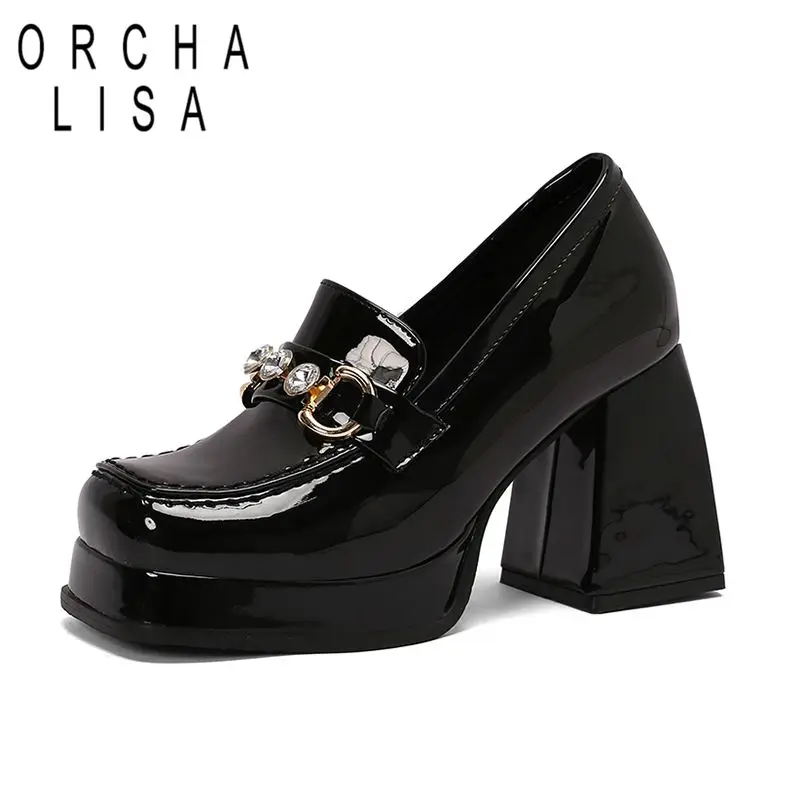 

ORCHA LISA Retro Women Pumps Patent Leather Square Toe Chunky Heel 9cm Platform Metal Decor Slip On Plus Size 45 46 Casual Shoes